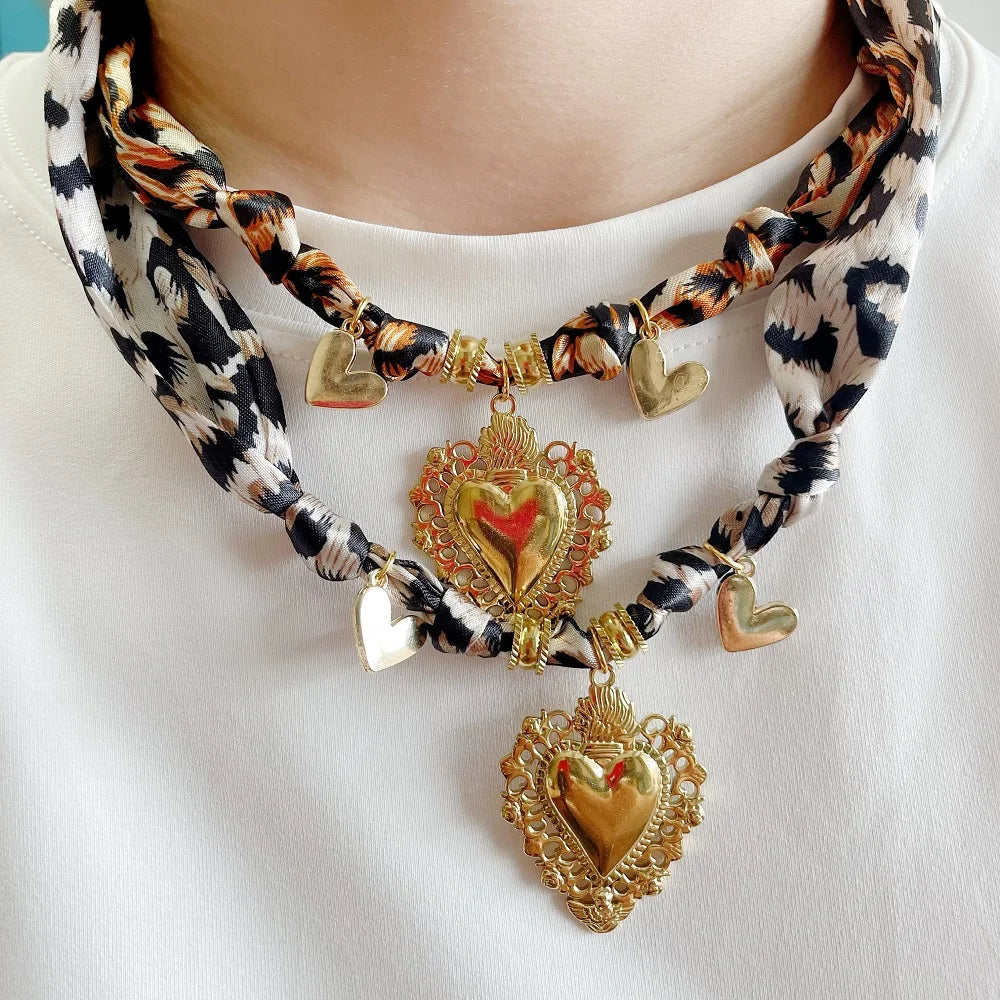 Women’s Fashion Scarf Necklace with Large Stainless Steel Heart Pendant Stackable Bandana Jewelry