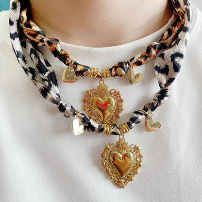 Women’s Fashion Scarf Necklace with Large Stainless Steel Heart Pendant Stackable Bandana Jewelry