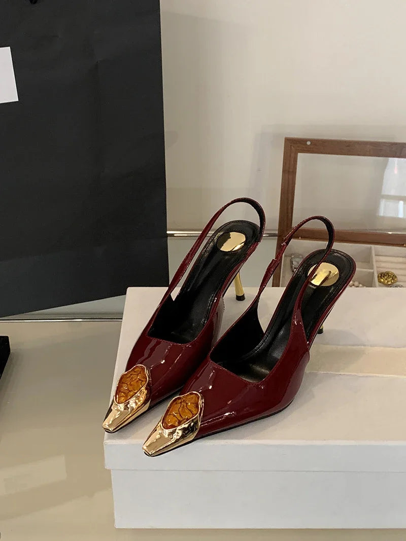 Fashion Design Inlay Gems Pointed Toe Patent Leather Sexy Slingback Sandals Women Pumps High Heels Wedding Banquet Shoes