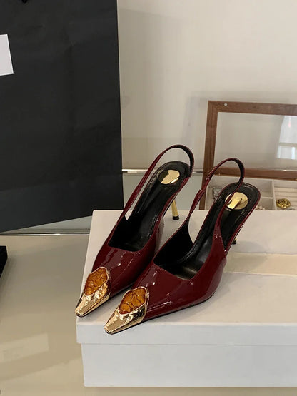 Fashion Design Inlay Gems Pointed Toe Patent Leather Sexy Slingback Sandals Women Pumps High Heels Wedding Banquet Shoes
