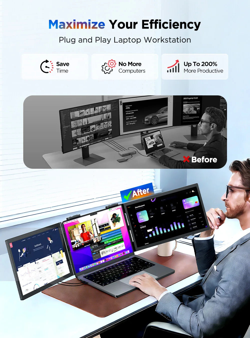 UPERFECT UFree Z14 Pro Wireless Triple Portable Monitor 14" Laptop Screen Extender with Stand /Sleeve Support AirPlay Miracast