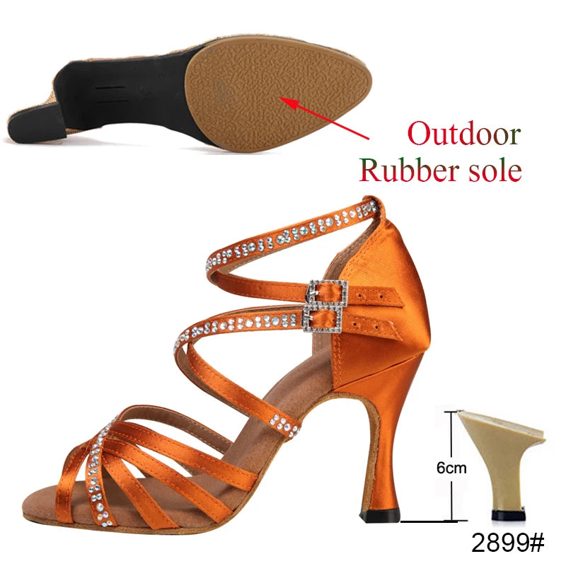 New Latin Dance Shoes Salsa Tango Ballroom Party Women's Shoes High Heeled Rhinestones Bronze Blue Girls Summer Sandals Outdoor