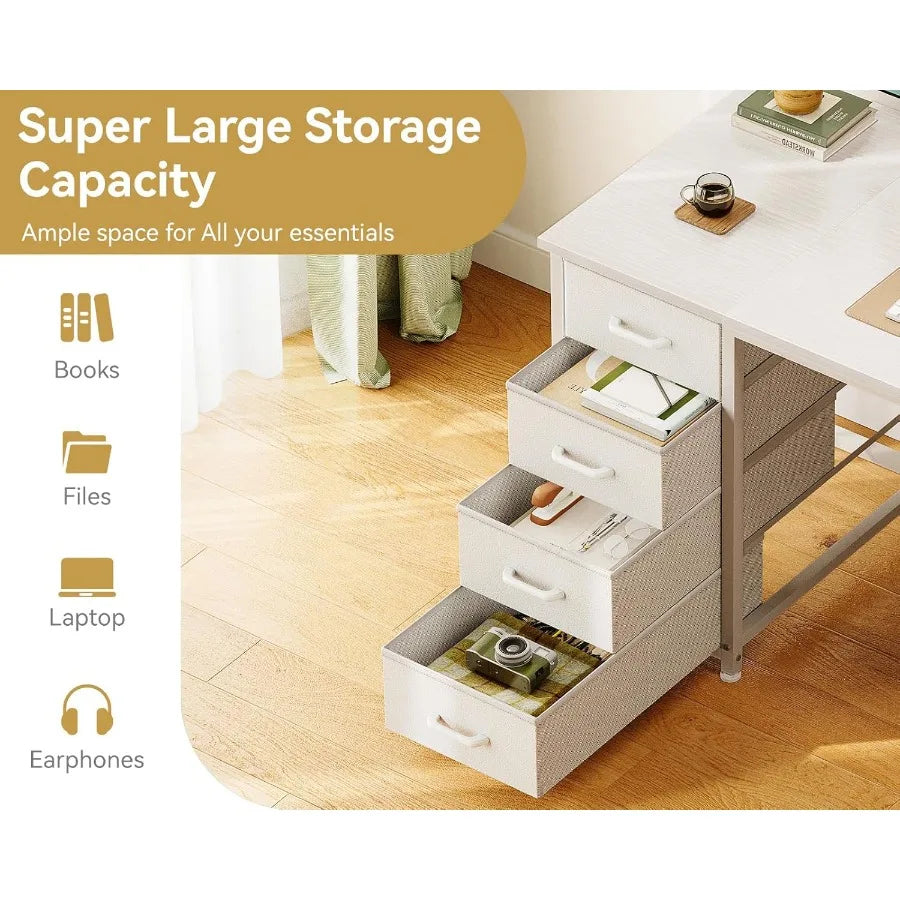 48 Inch White Computer Desk with 8 Fabric Drawers for Modern Home Office Study and Gaming Setup Featuring Large Storage Capacit