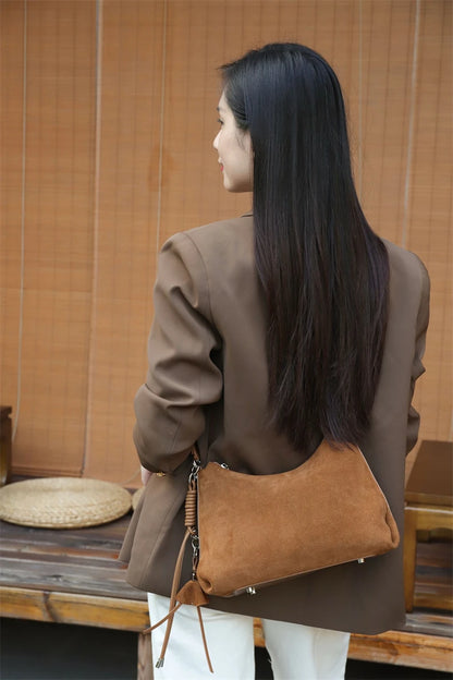Hifashion Vintage Matte Suede Genuine Leather Underarm Shoulder Bags For Women 2025 Luxury Designer Hobo Tote Ladies Handbags