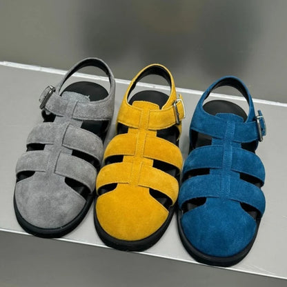 AUTUSPIN Retro Women Genuine Leather Flat Sandals Fashion Comfort Casual Buckles Shoes Woman Summer Hollow Out Sandals Round Toe