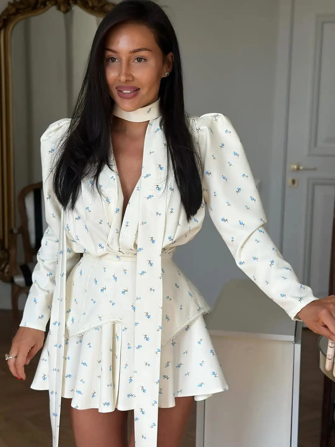 Sexy Deep V-neck Floral Printed  Long Sleeve Women Dress Fashion Waist-cinched Pleated Button-front Vestidos 2026 Daily Outfits