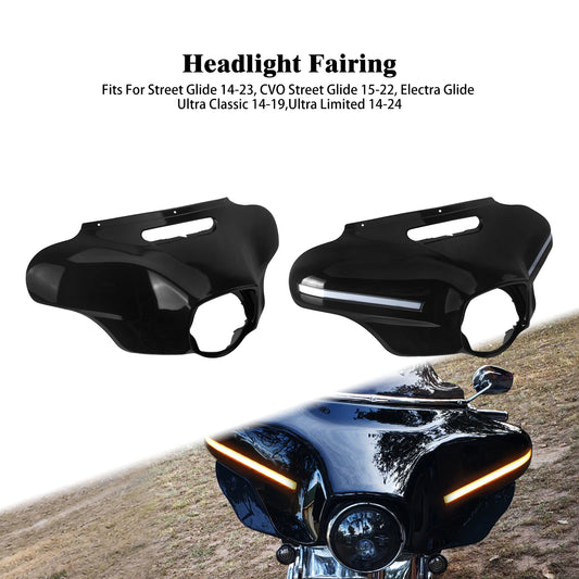 Motorcycle Front Headlight Fairing With LED Light Batwing Outer Cowl Cover For Harley Touring Street Electra Glide Ultra 2014-24