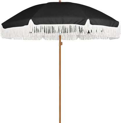 #For 7ft Patio Umbrella with Fringe Outdoor Tassel Umbrella UPF50+ Premium Steel Pole and Ribs Push Button Tilt,  Gazebo&