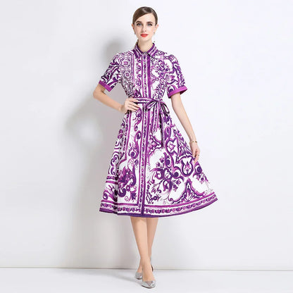JAMERARY Runway Design Fashion Floral Print Elegant Summer Pleated Midi Long Dress Shirt Street Casual Lady Office Work Dresses