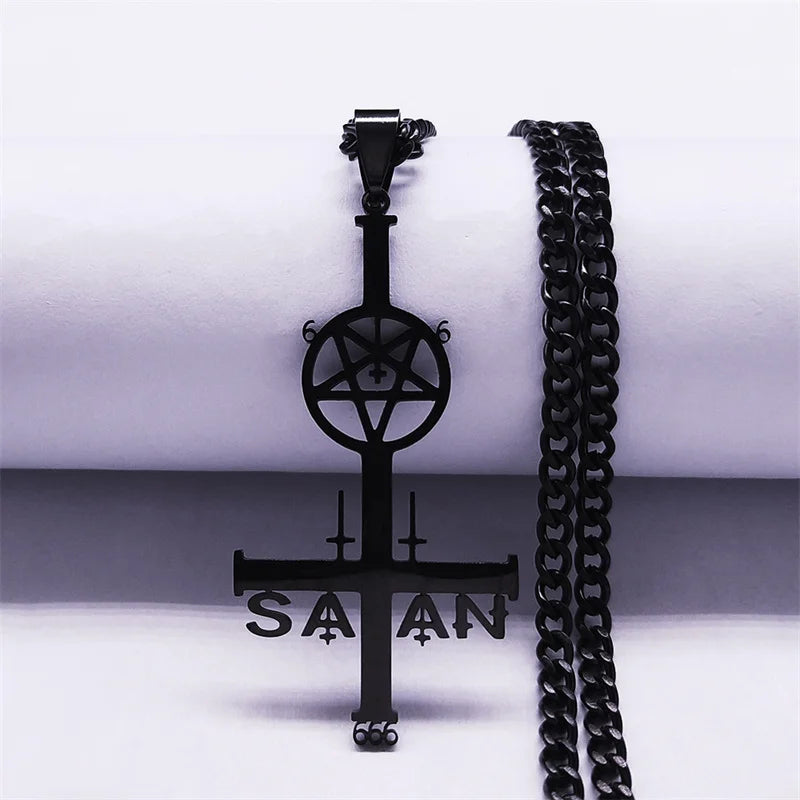 Goth Pentagram Sigil Satan Cross Necklace for Men Stainless Steel Black Y2k Gothic Star Lucifer Jewelry Halloween Gift N3002