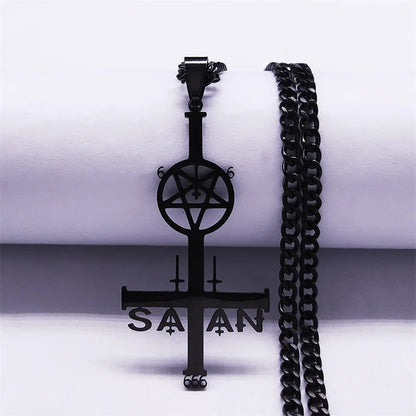 Goth Pentagram Sigil Satan Cross Necklace for Men Stainless Steel Black Y2k Gothic Star Lucifer Jewelry Halloween Gift N3002