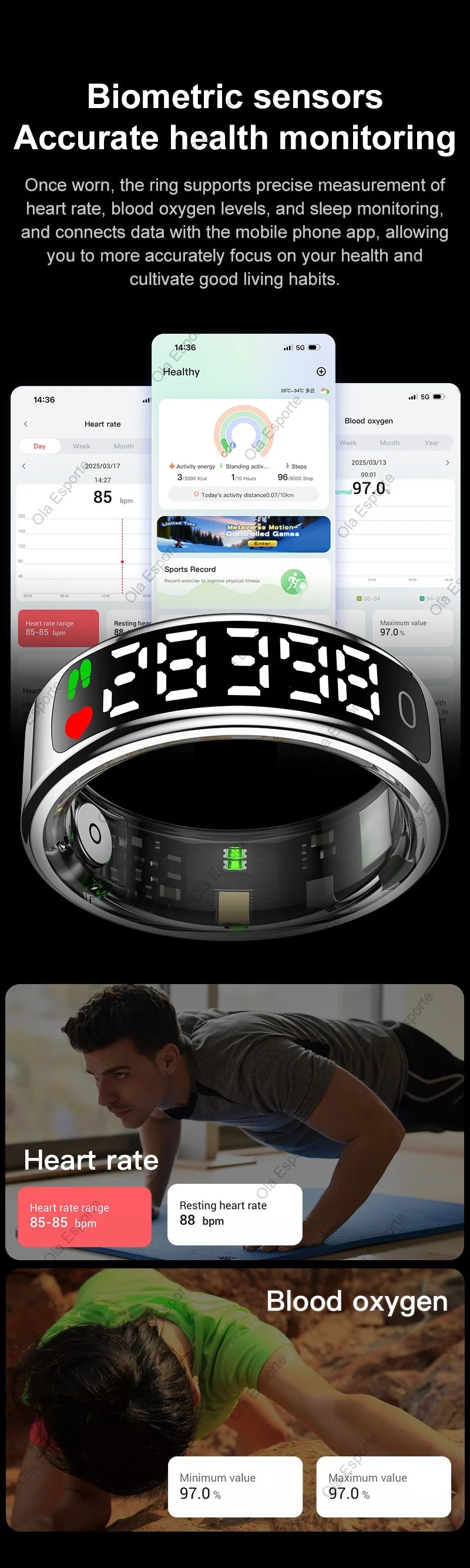 Smart Ring with Display Screen and Touch for Men Women, Health and Sleep Monitor, 5ATM Waterproof, Multi-sport Mode, Smartring