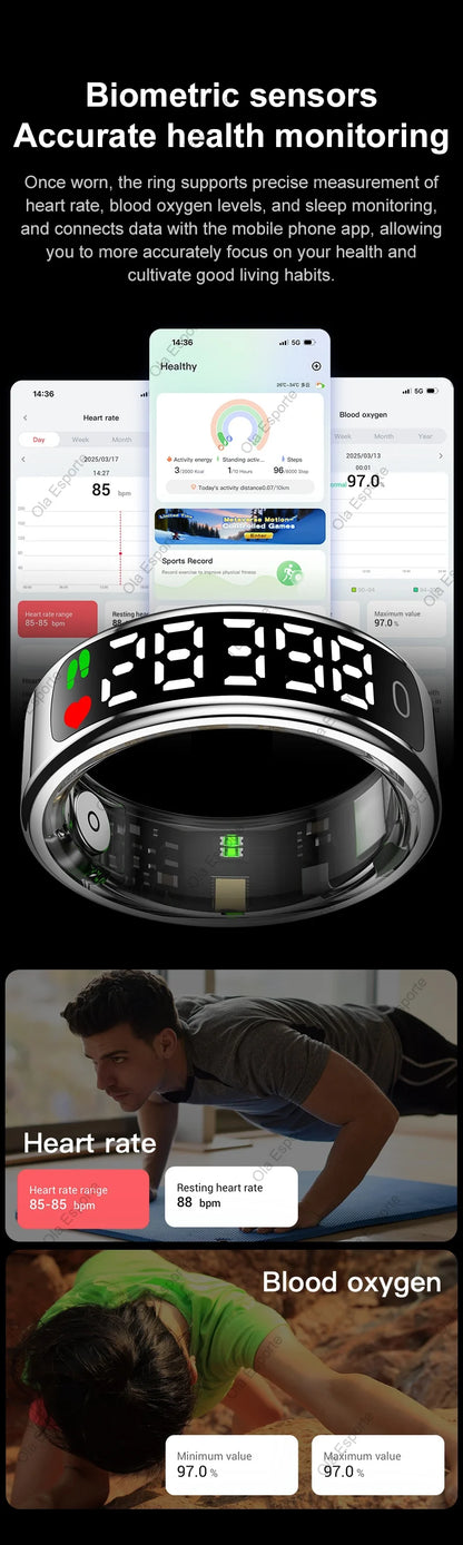 Smart Ring with Display Screen and Touch for Men Women, Health and Sleep Monitor, 5ATM Waterproof, Multi-sport Mode, Smartring