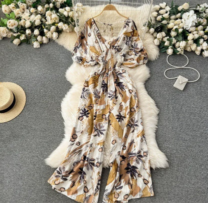 Women's Print Jumpsuit Casual V-neck Bubble Sleeve Backless Lace-Up Slimming Summer Beach Vacation Loose Wide Leg Jumpsuit
