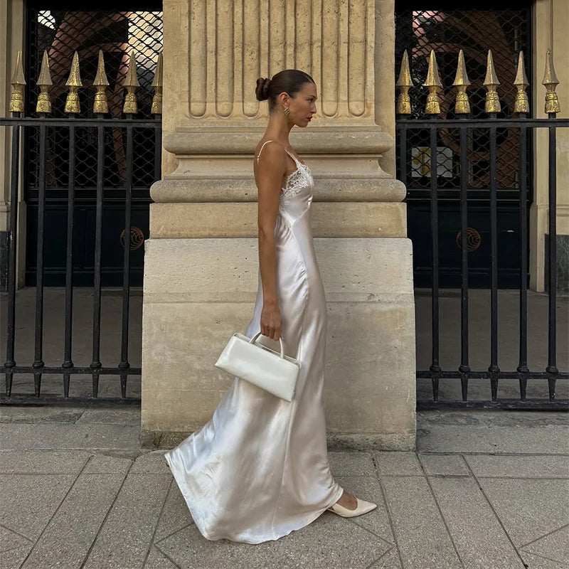 Lace Patchwork Sling Women's Dress Sexy Solid V-neck Sleeveless Backless Stain Female Maxi Dress 2026 Elegant Summer Party Gowns