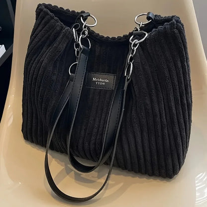 Large Capacity Corduroy Tote Bag Chain Handbag Shoulder Bag for Women, Polyester Lining, Zip Closure, Black, Beige, Khaki, Green