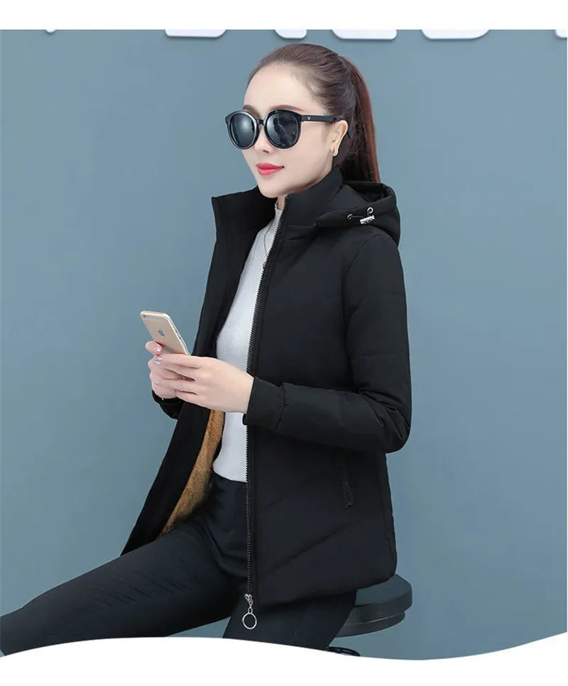 2025 New Women Add Velvet Cotton Jacket Female Winter Fleece Warm Hood Fashion Coat Ladies Down Padded Jackets M- 5XL Coat