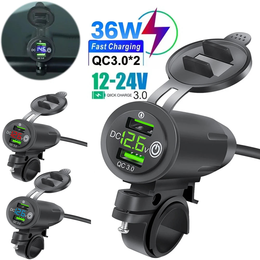 Motorcycle Modified Charger Fast Charger Dual QC3.0 USB LED Voltmeter Display Dual USB Charger Socket Motorcycle and Bicycle Acc