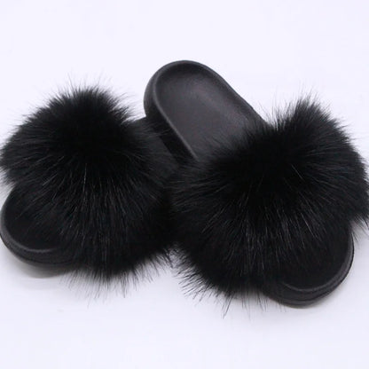 Women's  Faux Fox Fur Slides Fluffy Open Toe Slippers Indoor Outdoor Casual Flat Sandals Luxury Furry Slide Shoes for Ladies