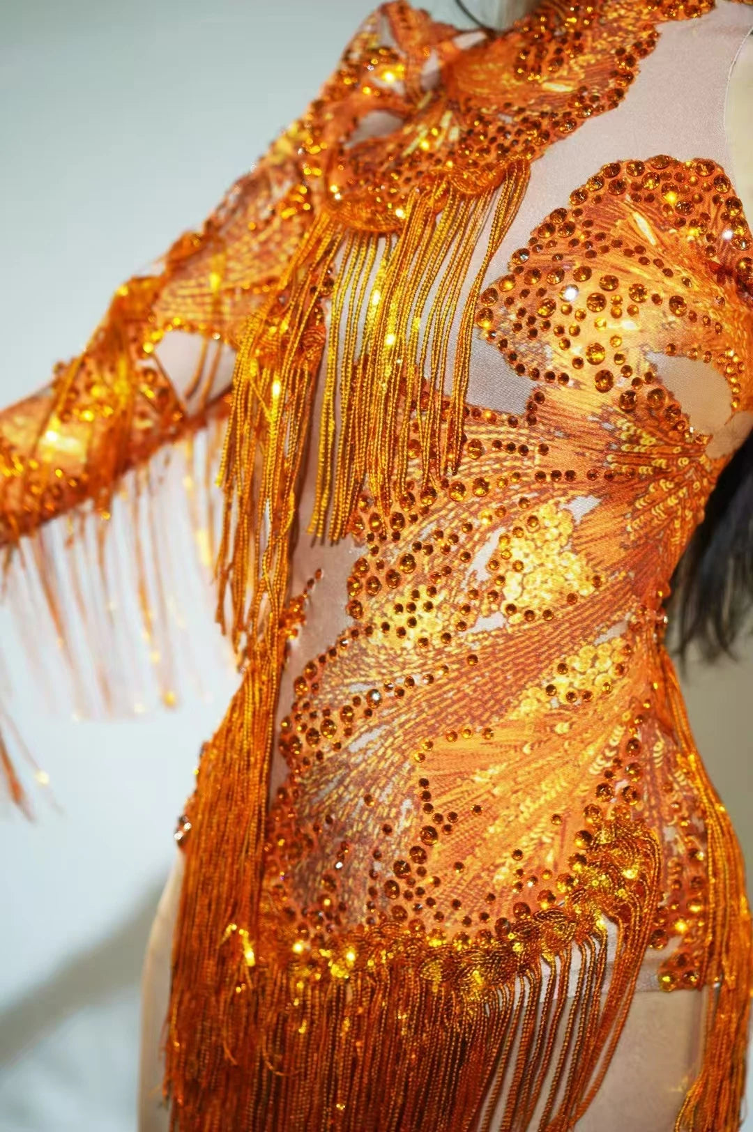 Rhinestones Women DanceCostume Fringes One Shoulder Bodysuit  Sexy Skinny Leotard Singer Dancer Show StageWear Sparkly Blue