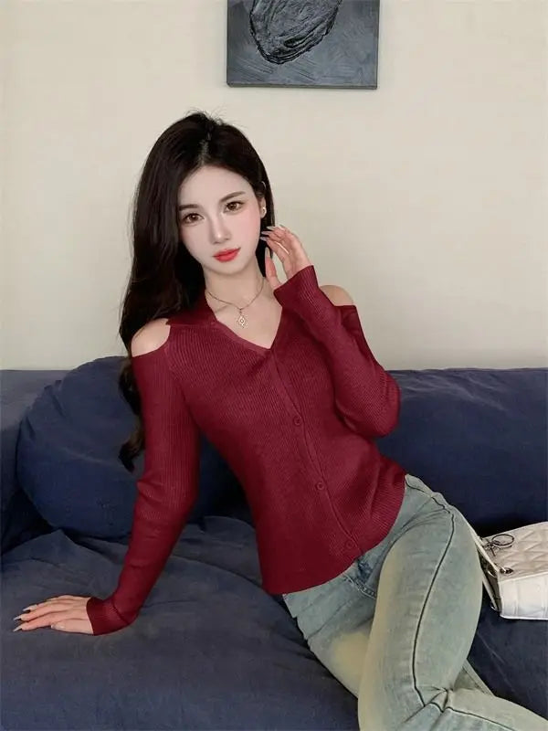 Women Clothing Autumn Fashion Simplicity All-match Screw Thread Knitting Female Solid Color V-neck Slim Sweater Pullovers Tops