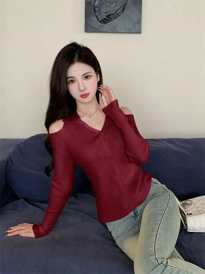 Women Clothing Autumn Fashion Simplicity All-match Screw Thread Knitting Female Solid Color V-neck Slim Sweater Pullovers Tops