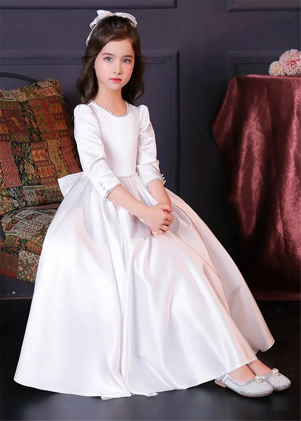 Lovely White Satin Flower Girl Dress for Wedding Dresses Little Princess Bow Kids Birthday Party Evening Customise Gowns