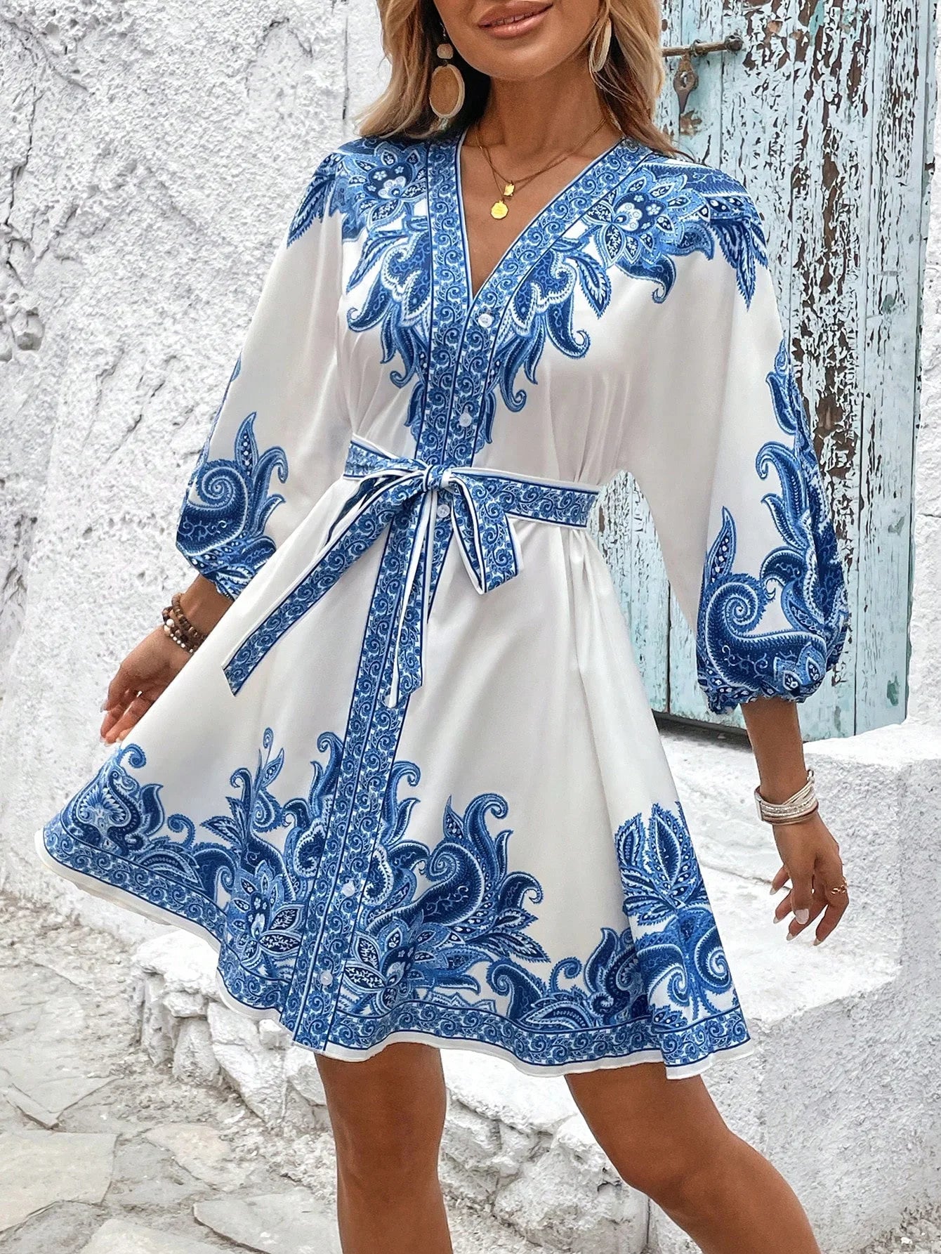 Elegant Women's Retro Printed V Neck Lantern Sleeve Dress Spring Summer Fashion Cinched Waist Lace-up Female Vacation Shortskirt