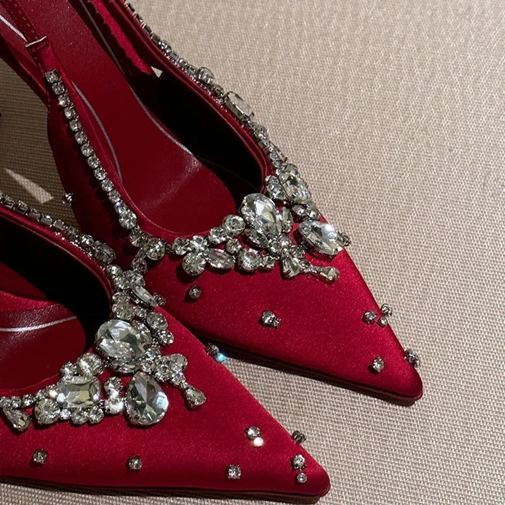New Summer Fairy-style Rhinestone Sandals, Pointed Toe, Stiletto Heels, Satin High Heels, Exquisite Crystal Wedding Shoes, Open