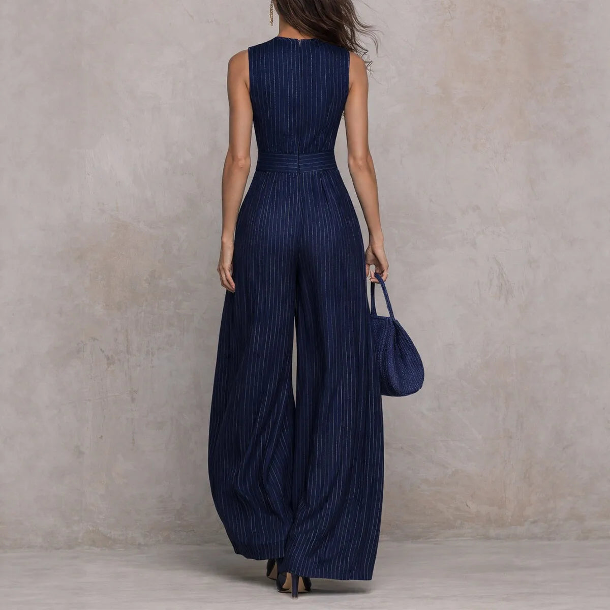 Striped Pint Jumpsuits Woman Elegant O Neck Off Shoulder Hollow Rompers Summer High Waist Wide Leg Pockets Loose Overalls