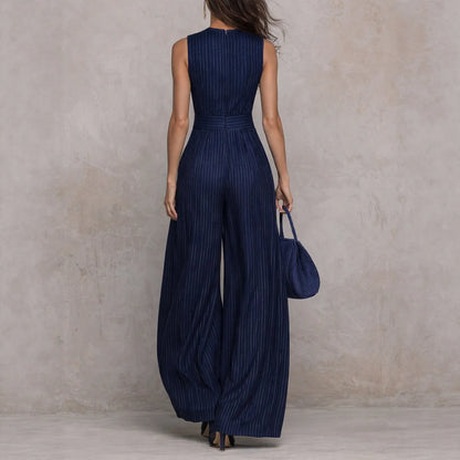 Striped Pint Jumpsuits Woman Elegant O Neck Off Shoulder Hollow Rompers Summer High Waist Wide Leg Pockets Loose Overalls