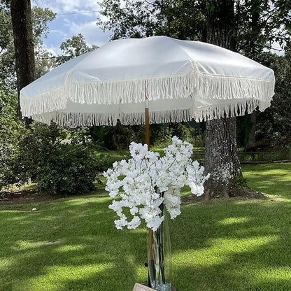 #For 7ft Patio Umbrella with Fringe Outdoor Tassel Umbrella UPF50+ Premium Steel Pole and Ribs Push Button Tilt,  Gazebo&