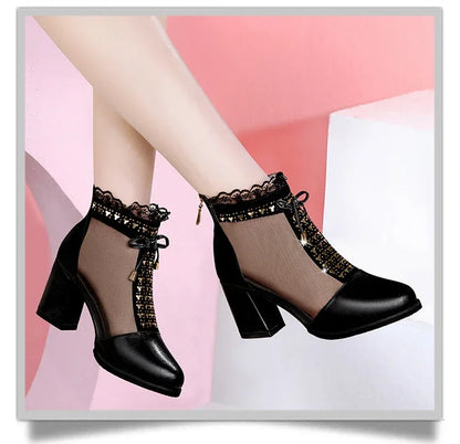 2025 Elegant High Heels Mesh Bow Summer Shoes High Heel Women Sandals Fish Mouth Black Leather Sandal Ankle Boots Luxury Fashion