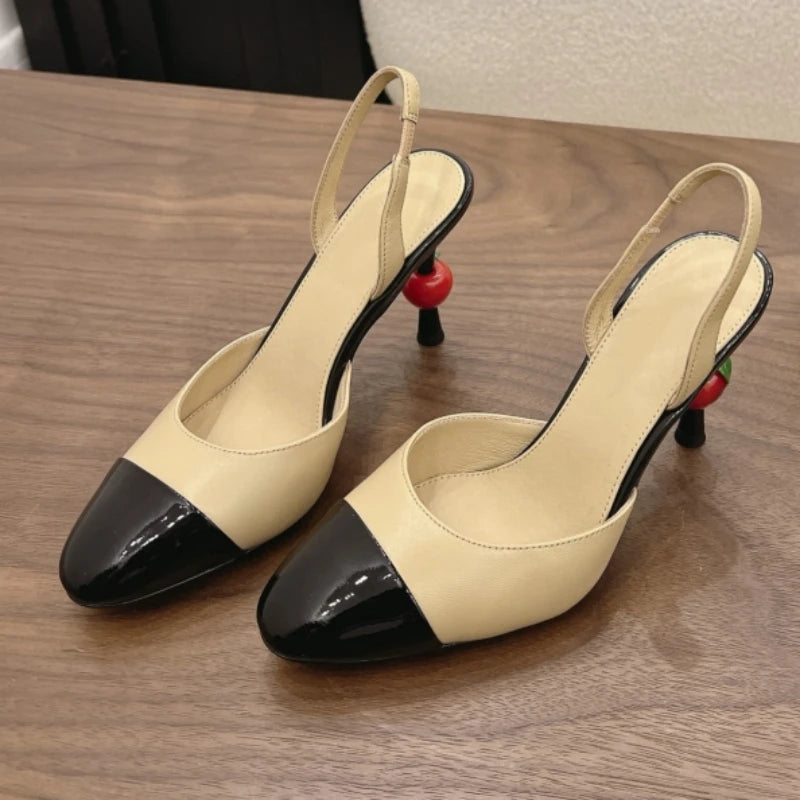 2026 Summer New Elegant Female Shoes Patchwork Pointed-Toe Stiletto Heels Sandals Luxury Trendy Back Strap Cherry High Heels 9cm
