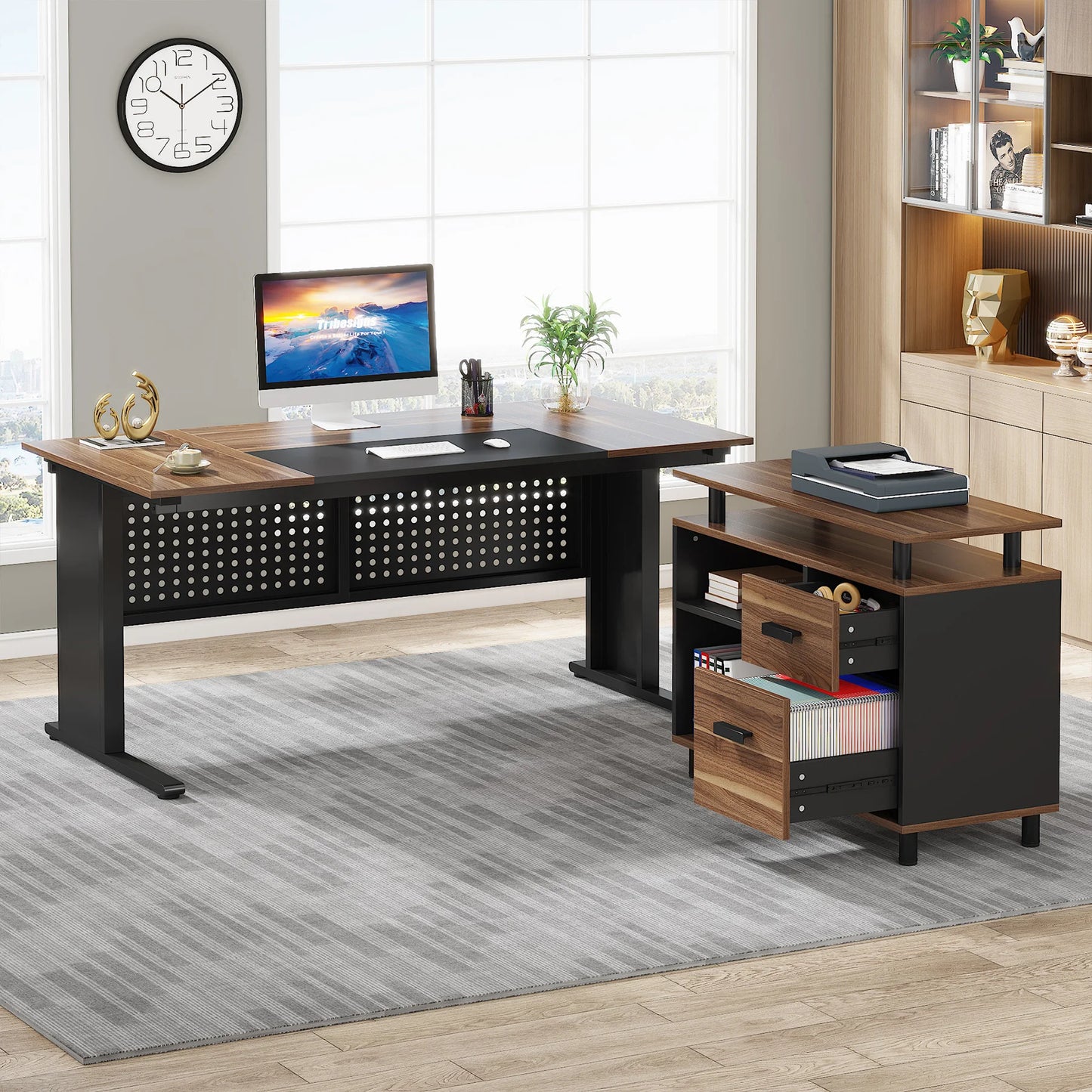 Tribesigns 63 Inch Executive Desk with File Cabinet, Large Office Desk L Shaped Computer Desk with Drawers and Storage Shelves