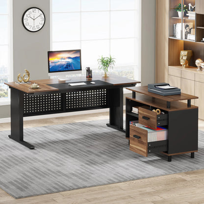 Tribesigns 63 Inch Executive Desk with File Cabinet, Large Office Desk L Shaped Computer Desk with Drawers and Storage Shelves