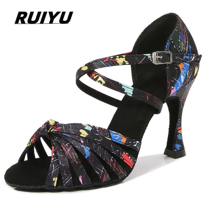 Latin Dance Shoes Women's Flower Satin Salsa Tango Ballroom Party High Heel Women's Shoes Summer Dance Sneakers Outdoor Sandals