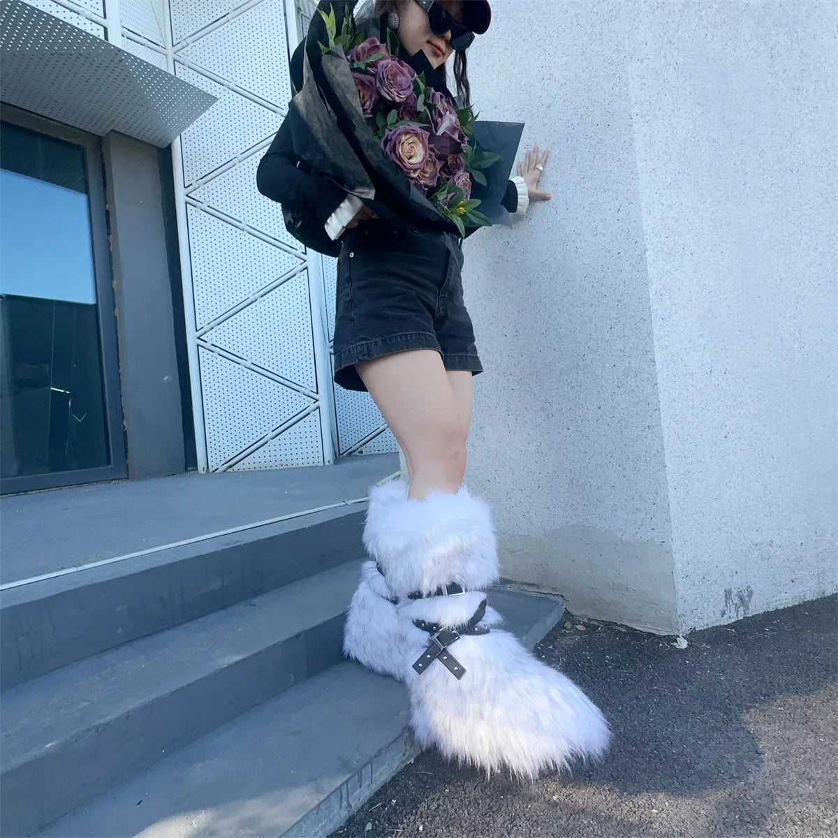 Faux Fur Knee-High Boot Round Toe Height Increasing Wild Winter Warmer Belt Buckle Slip-On Fashion Luxury Sexy Women Shoe Newest