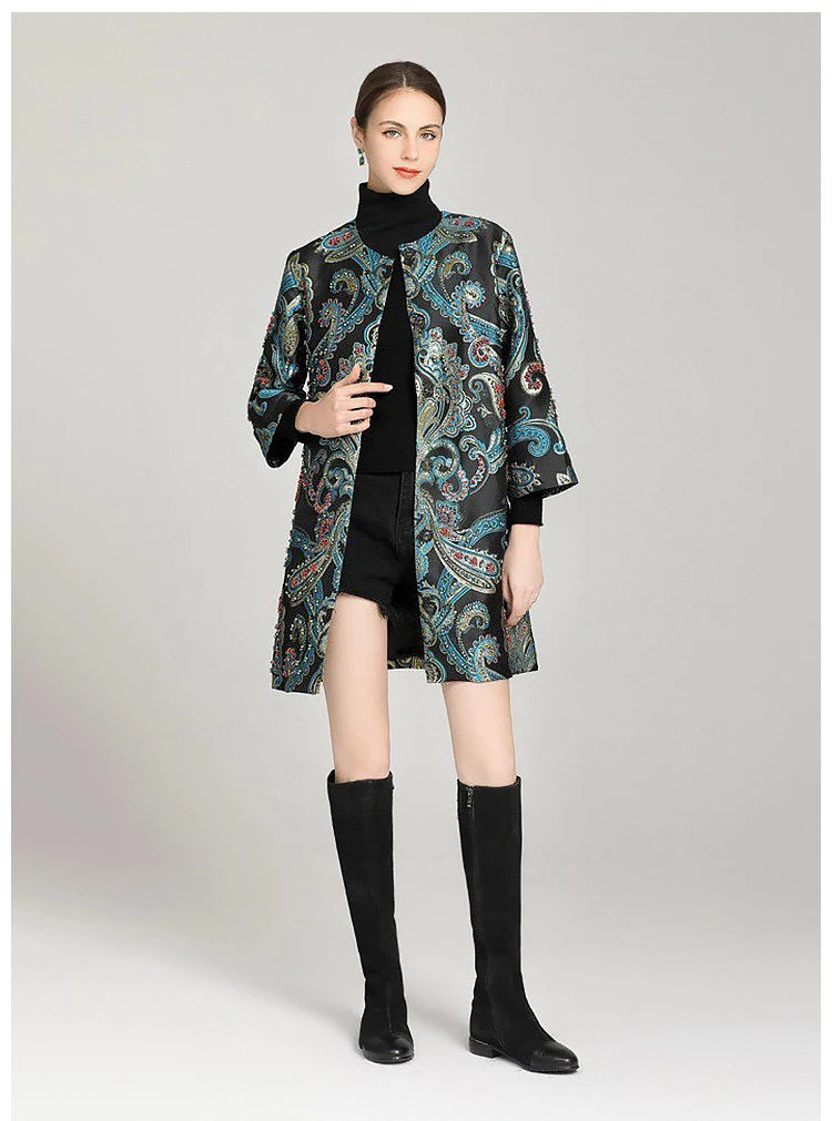 Elegant Embroidered Jacquard Trench Coat for Women 2025 | Round Neck Mid-Length Jacket | European Style Spring Fall Outerwear