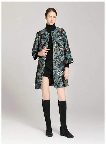 Elegant Embroidered Jacquard Trench Coat for Women 2025 | Round Neck Mid-Length Jacket | European Style Spring Fall Outerwear