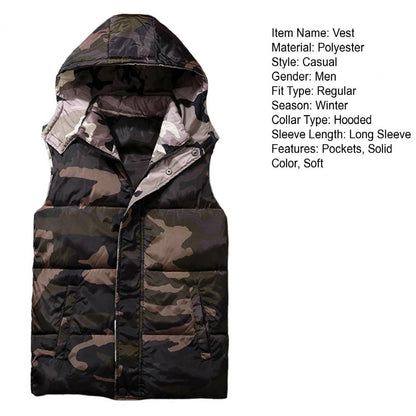 Winter Men Waistcoat Camouflage Thickened Cotton Padded Windproof Zipper Hooded Vest Coat for Daily Wear