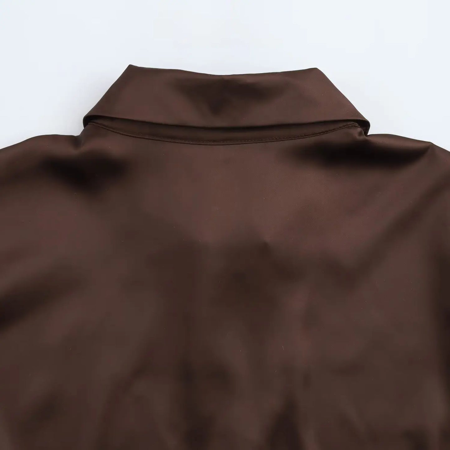 DUOPERI Women Fashion Satin Brown Blouse Lapel Neck Long Sleeves Vintage Female Chic Lady Shirts