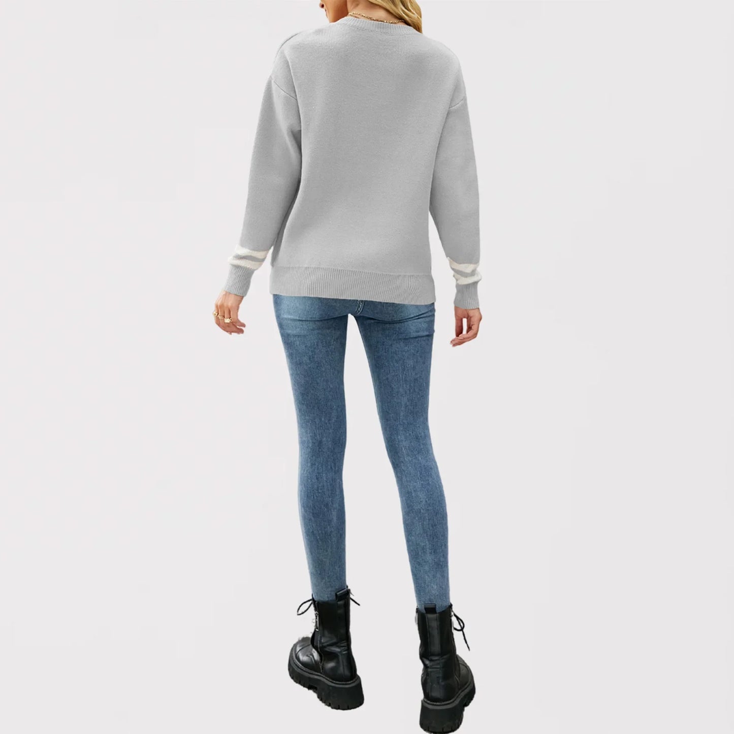 Women's Autumn and Winter New Crew-neck Monogram Jacquard Patchwork Pullover Sweater, Fashion Casual Spell Color Knit Sweater