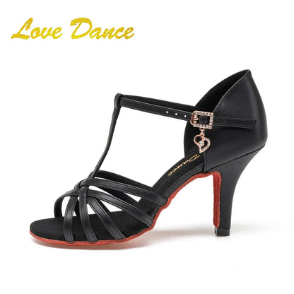 SW Latin Dance Premium Professional Women's Black Dance Shoes with Red Sole for Ballroom, Competition, Rumba & Cha-Cha Practice