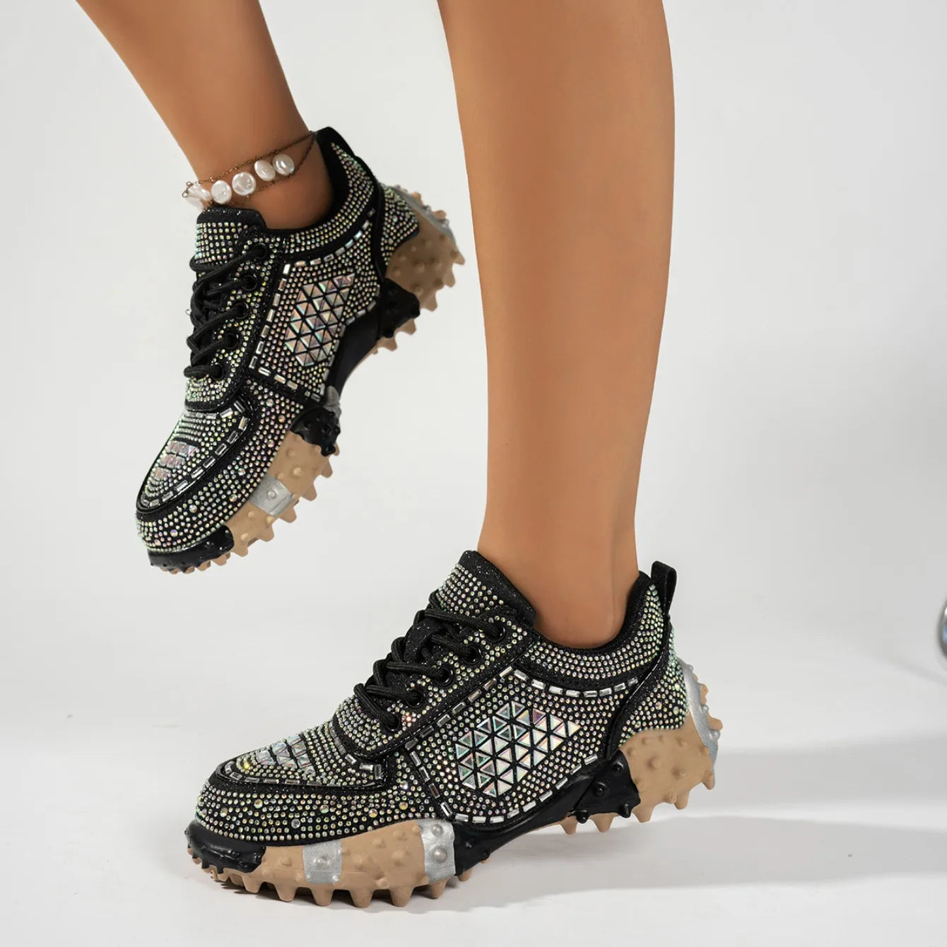 2026 Thick Soled Color Blocked Women's Sneakers Luxury Rhinestone Loafers Fashion Versatile Comfort Anti Slip Women Shoes Tenis