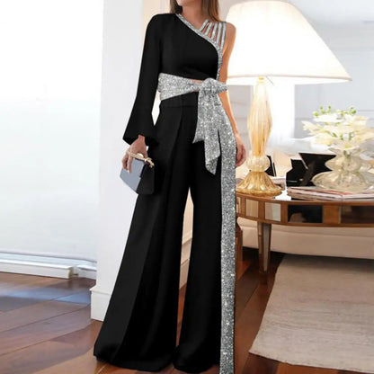 2026 Women Blouse Pants Set One Shoulder Blouse Bandage Bowknot High Waist Wide Leg Pants Set Glitter Trim Elegant Women Outfit