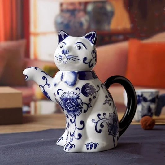 Ceramic Cat Teapot Creative Blue and White Porcelain Cat Kettle Home Desktop Decoration Ornament Multifunctional Vase Coffee Pot