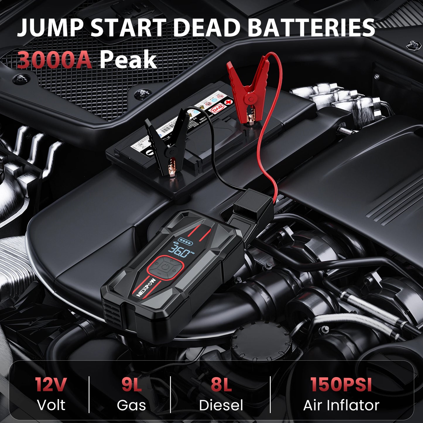 NEXPOW 3000A Car Jump Starter & Air Compressor - 12V 59.2Wh Portable Battery Booster with PD 30W Fast Charge, 150PSI Air Pump, S