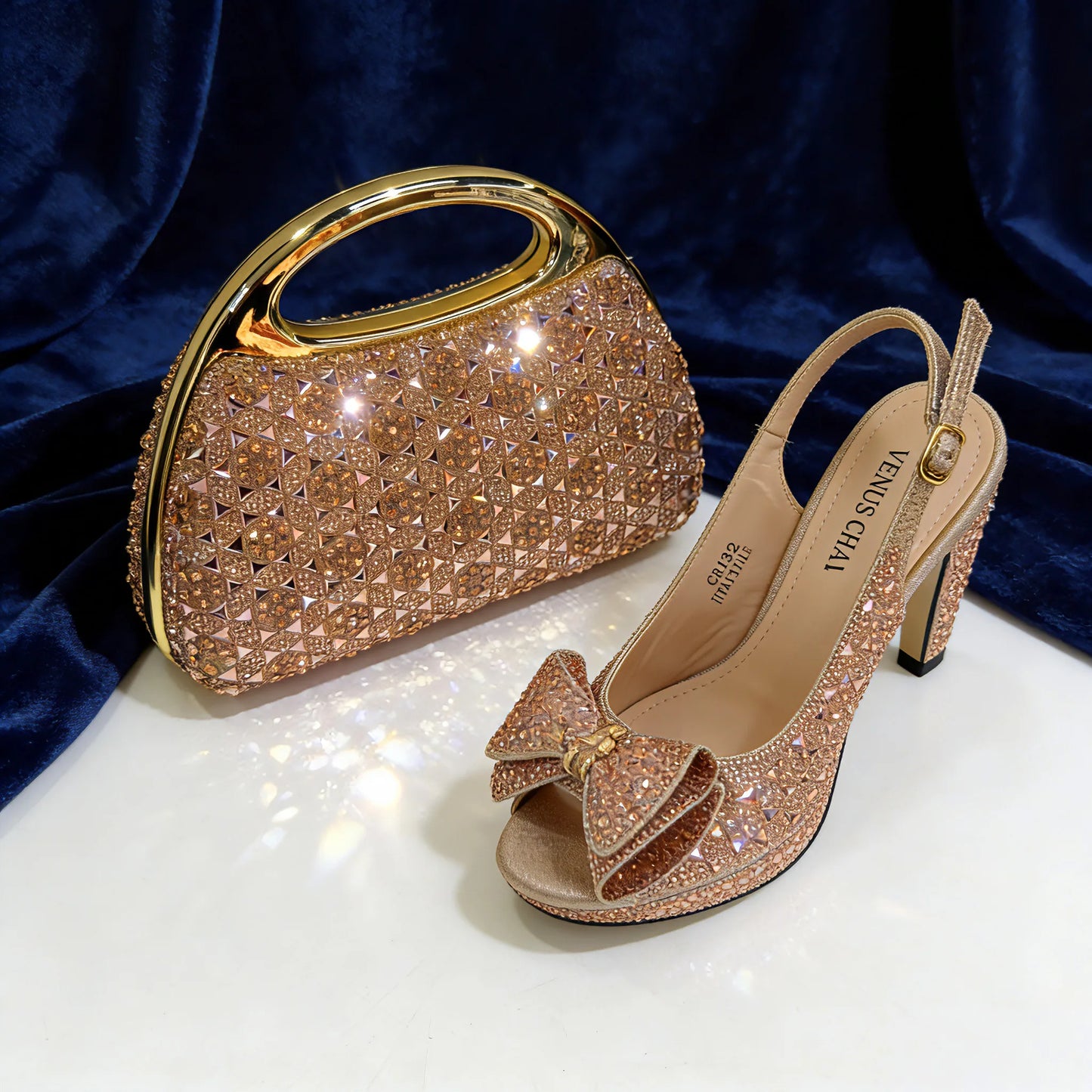 Venus Chan 2026 Women’s Italian Gold High Heels with Rhinestone Detail & Matching Bag Set - Stylish Pointed Toe Design