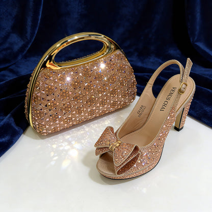 Venus Chan 2026 Women’s Italian Gold High Heels with Rhinestone Detail & Matching Bag Set - Stylish Pointed Toe Design